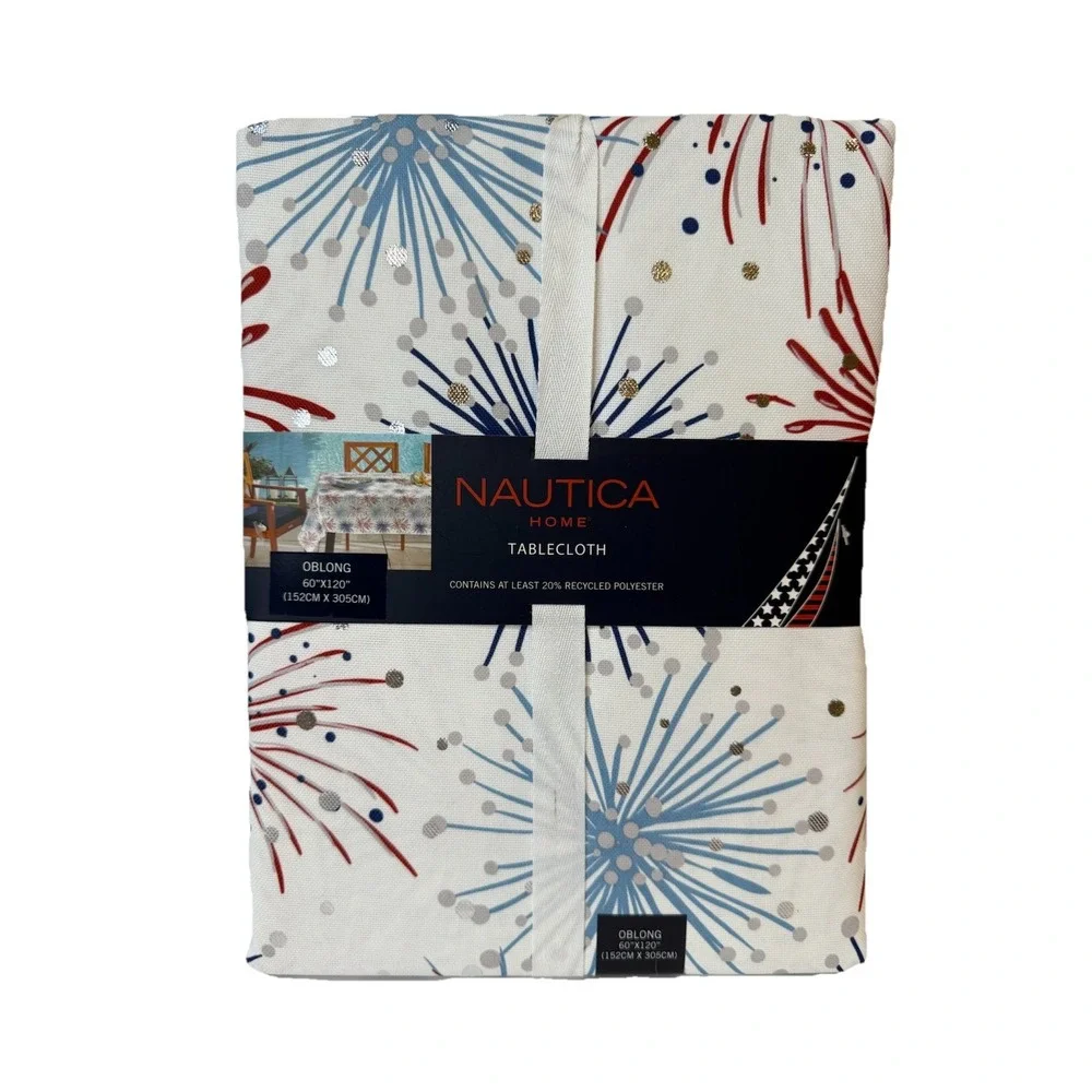 Nautica 4th of July Fireworks 60x120 Tablecloth Silver Foil Red Blue In/ Outdoor